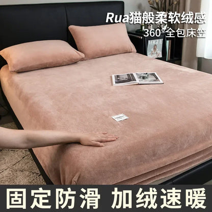 Warm Plush Fitted Sheet Elastic Mattress Cover Fluffy Velvet Fleece Bed Linen Couple Thermal Double Bed Not Included Pillowcase