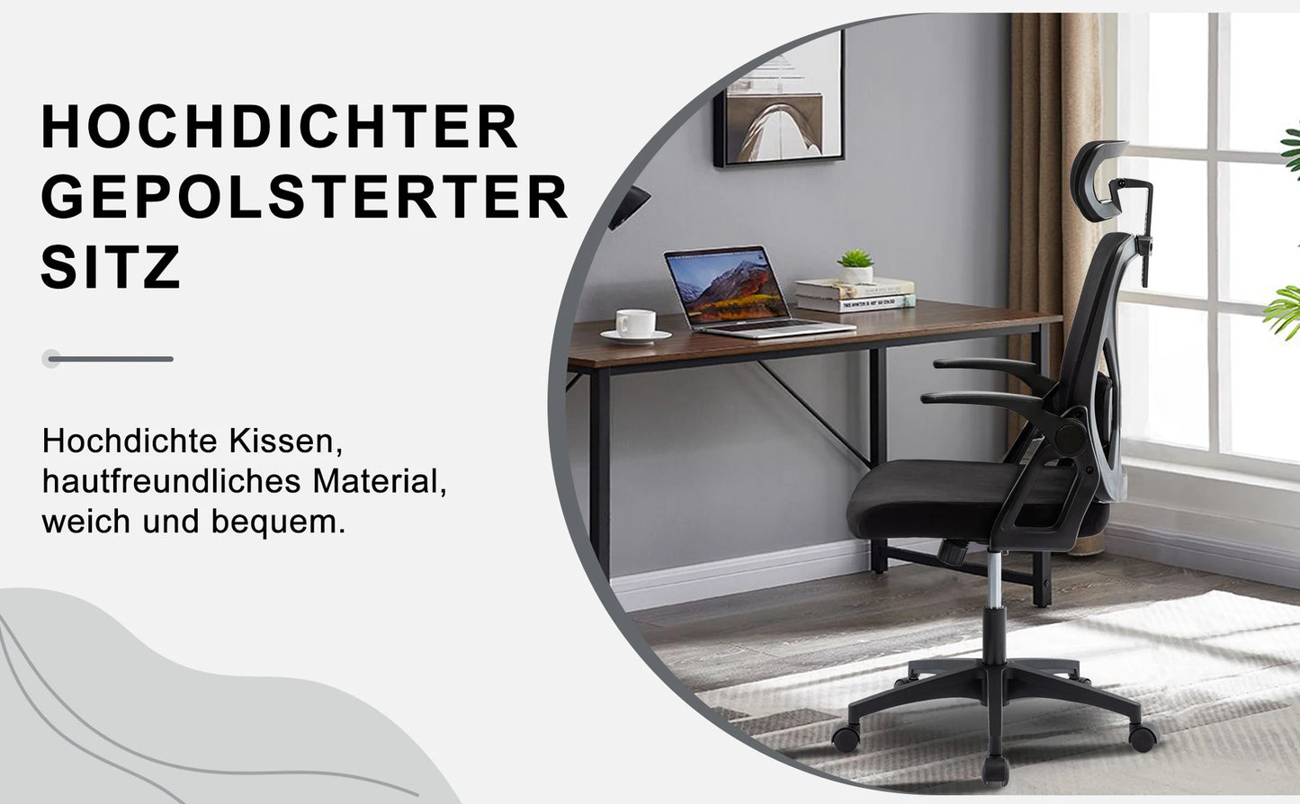 SYMINO Bürostuhl mit verstellbarer Kopfstütze, Armlehnen, Lordosenstütze, ergonomischer Bürostuhl, drehbarer Wippfunktion