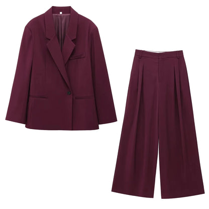 KONDALA Vintage Chic Office Lady Red Solid Women Suit Notched Single Button Pockets Blazer Straight Loose Pants Fashion 2025 Set.