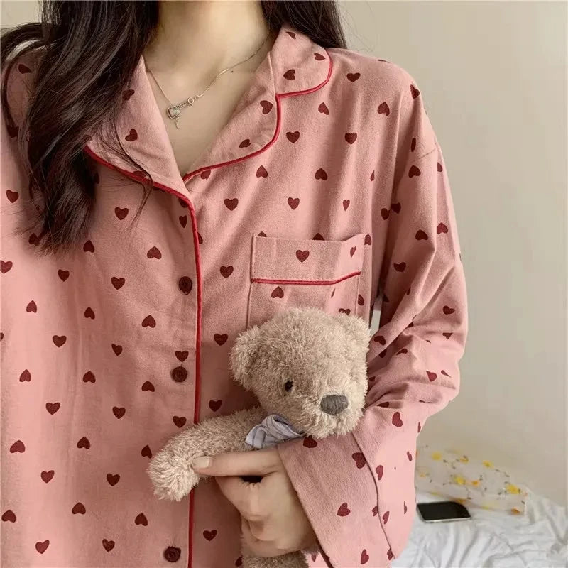 M-XXL Large Size Nightwear Women Sleepwear Autumn and Winter Cardigan Home Wear Peach Heart Long Sleeves School Silk Pajamas