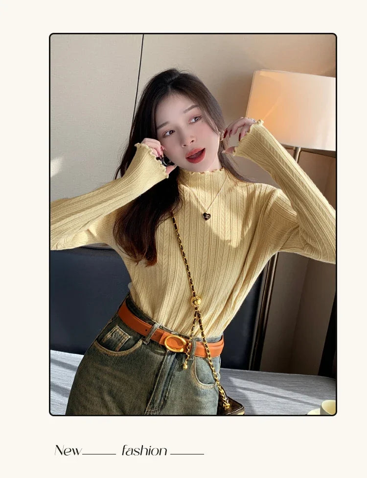 2025 Korea Geraffte Rollkragen Frauen Pullover Herbst Winter Warme Pullover Schlank Tops Gestrickte Pullover Jumper Weiche Pull Weibliche.