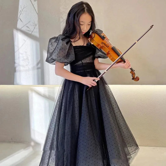 Mädchen Abendkleid für Kinder Elegante Schwarz Vintage Puff Hülse Kleider Teenages Party Kleider Kinder Violine Leistung Vestidos.