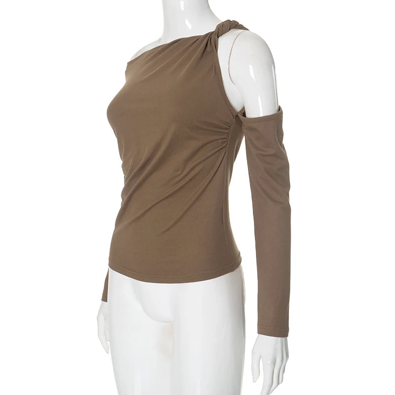 CUTENOVA Fall Outfits Women Solid Color One-Shoulder Long-Sleeved Women'S Top Sexy Hollow Out Twisted Casual Chic T-Shirt Female.