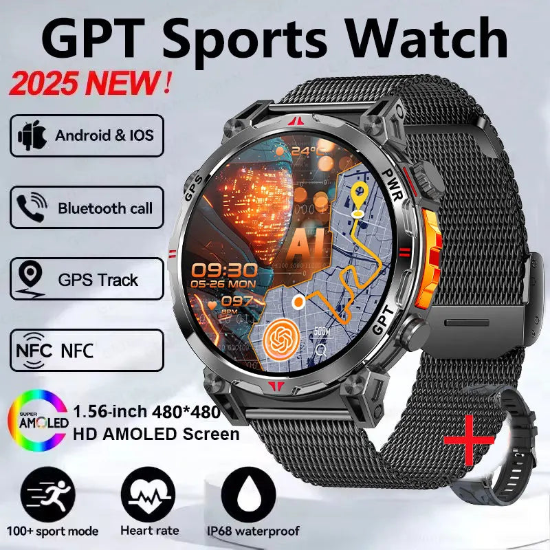 2025 GPS Sports Smart Watch GPT AMOLED 1.56 inch 488 * 488 Heart Rate Blood Oxygen Blood Pressure Monitoring 3ATM Smartwatches