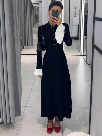 Tossy Weibliche Rüschen Strickwaren Langes Kleid Mode Patchwork Schlank Kontrast Revers Casual Party Kleid Kleid frauen Stricken Maxi Kleid.