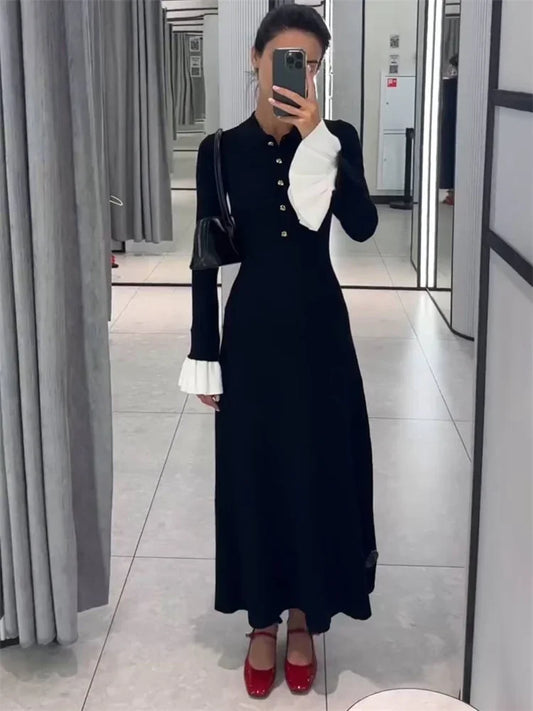 Tossy Weibliche Rüschen Strickwaren Langes Kleid Mode Patchwork Schlank Kontrast Revers Casual Party Kleid Kleid frauen Stricken Maxi Kleid.