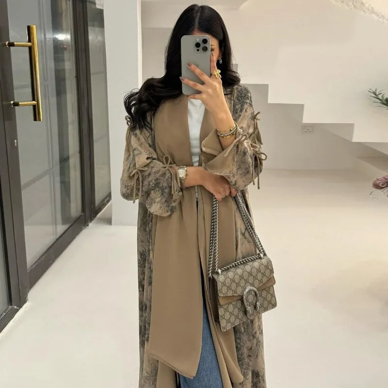 2025 sommer Arabisch Frauen Muslimische Kleidung Ramadan Dubai Offene Abaya Kleid mit Hijab Islam Gedruckt Chiffon 2 Stück Outfit.