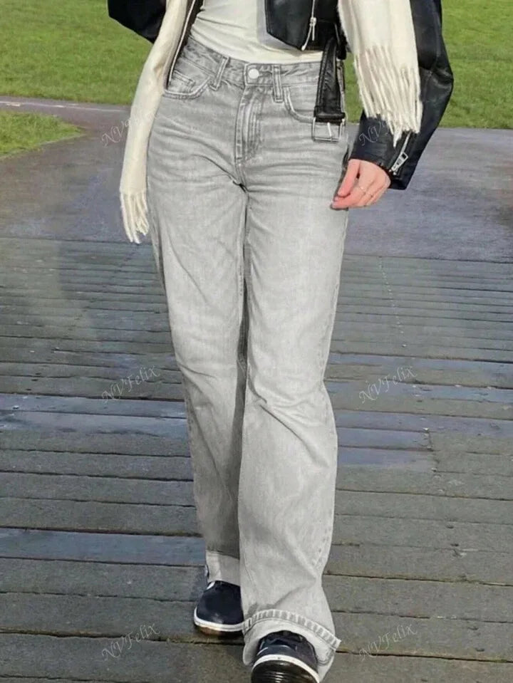 Jeans Women Straight Pants Denims Washed High Waist Distressed Pockets Female 2025 Streetwear Vintage Full Length Trousers.