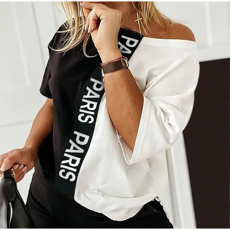 2023 Women's Spring Summer Sportswear Two-piece Set With Patchwork Letters Short Sleeved Long Pants Casual Women's Two-piece Set.