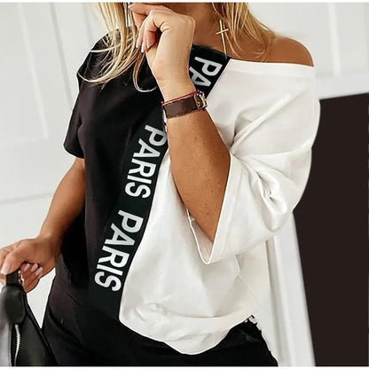2023 Women's Spring Summer Sportswear Two-piece Set With Patchwork Letters Short Sleeved Long Pants Casual Women's Two-piece Set.