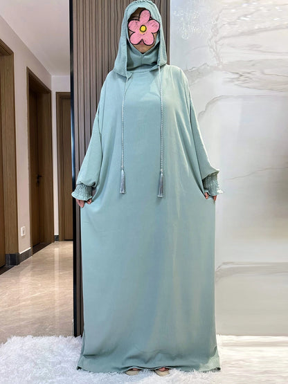 Muslim Abaya Solid Cotton Pullover Two Hat Women Eid Hooded Long Maxi Dress Turkey Kaftan Arab Robe Islamic Hijab Dubai Clothing.