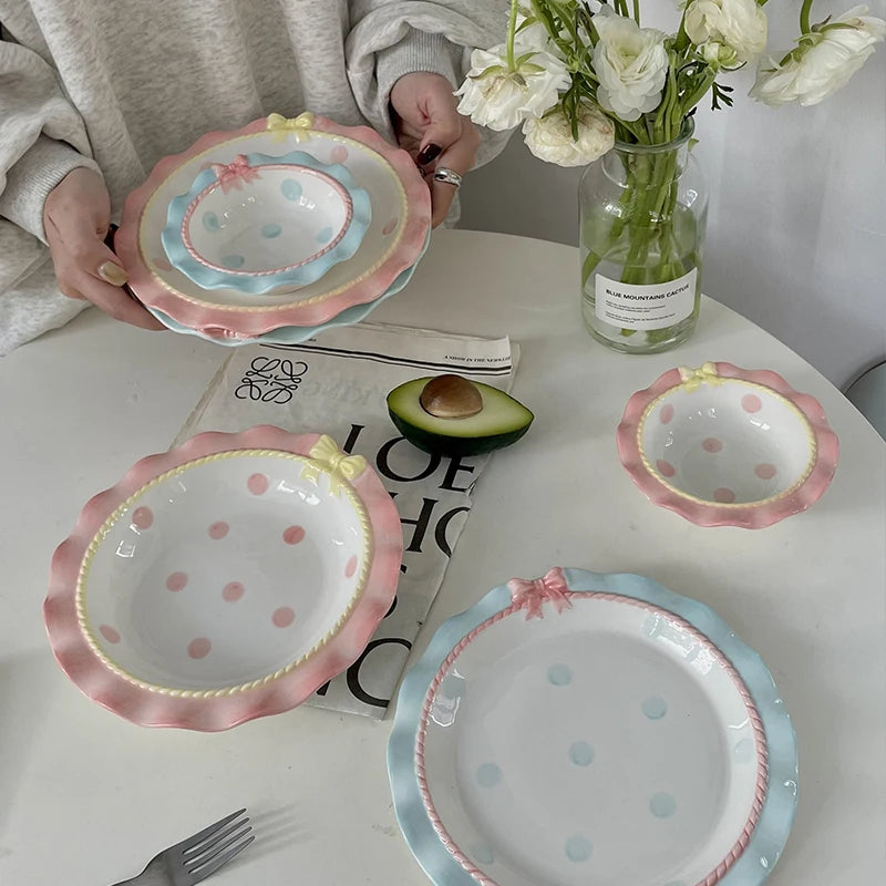 Cartoon Pink Ceramic Dinner Plate with Bow Knot, Household Dish, High Temperature Resistant, Deep Dish, Kitchen Tableware Set.