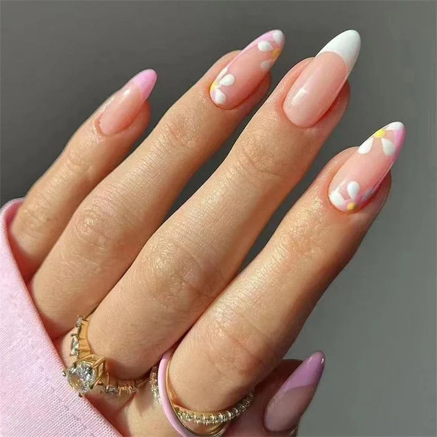 24Ps/Set White Ripple Glitter Chip Design Wearing False Nail French Full Cover Acrylic Press on Nail Almond Shape Fake Nail Tips