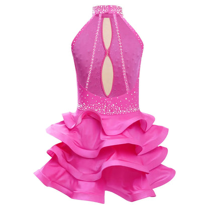 Eiskunstlauf-Kostüm für Teenager-Mädchen, lateinamerikanischer Tanz, Cha-Cha, Tango, Performance-Tanzbekleidung, ärmelloses, gestuftes Kleid mit Strasssteinen.