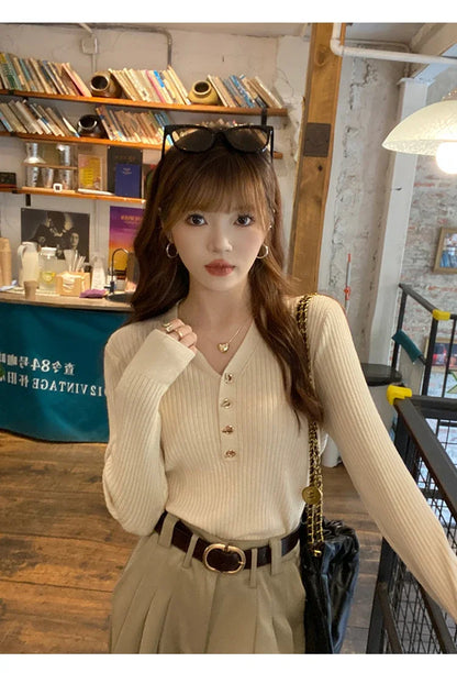 2023 herbst Winter Frauen Pullover Beiläufige Dünne Taste Gestrickte Pullover Pullover Femme Grundlegende Solide Jersey Tops Mode Kleidung.