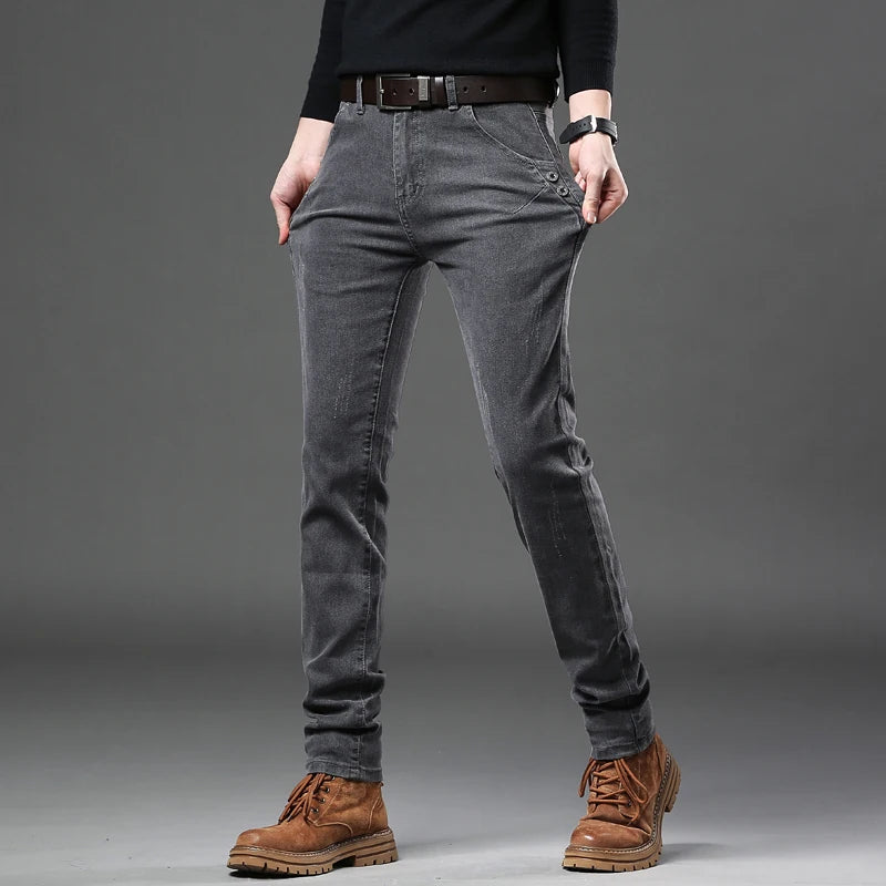New Pure Gray Korean Slim Jeans Men's Stretch Tight Trendy Jean Trousers Branded Streetwear Comfortable Man Clothing Pants.