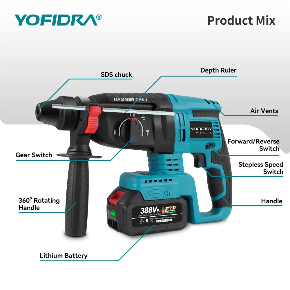 YOFIDRA Bürstenloser elektrischer Hammer-Schlagbohrschrauber, 26 mm, kabelloser Holzbearbeitungs-Schlagbohrschrauber, Elektrowerkzeug-Set für Makita 18 V Akku-Pin