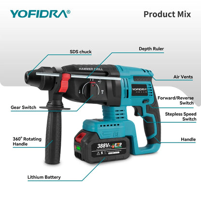 YOFIDRA Bürstenloser elektrischer Hammer-Schlagbohrschrauber, 26 mm, kabelloser Holzbearbeitungs-Schlagbohrschrauber, Elektrowerkzeug-Set für Makita 18 V Akku-Pin