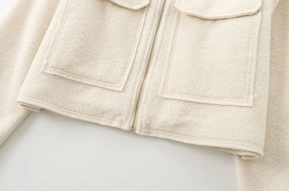 TRZA-Kurzjacke mit Taschen für Damen, Langarmmantel, Reißverschluss vorne, Damenoberbekleidung, schicke Oberteile, Mode.