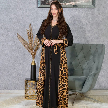 Elegantes arabisches Frauen-Partykleid, afrikanischer V-Ausschnitt, Leopardenmuster, langärmelig, Abaya, modische muslimische Dame, Urlaubskleid, islamische Kleidung.