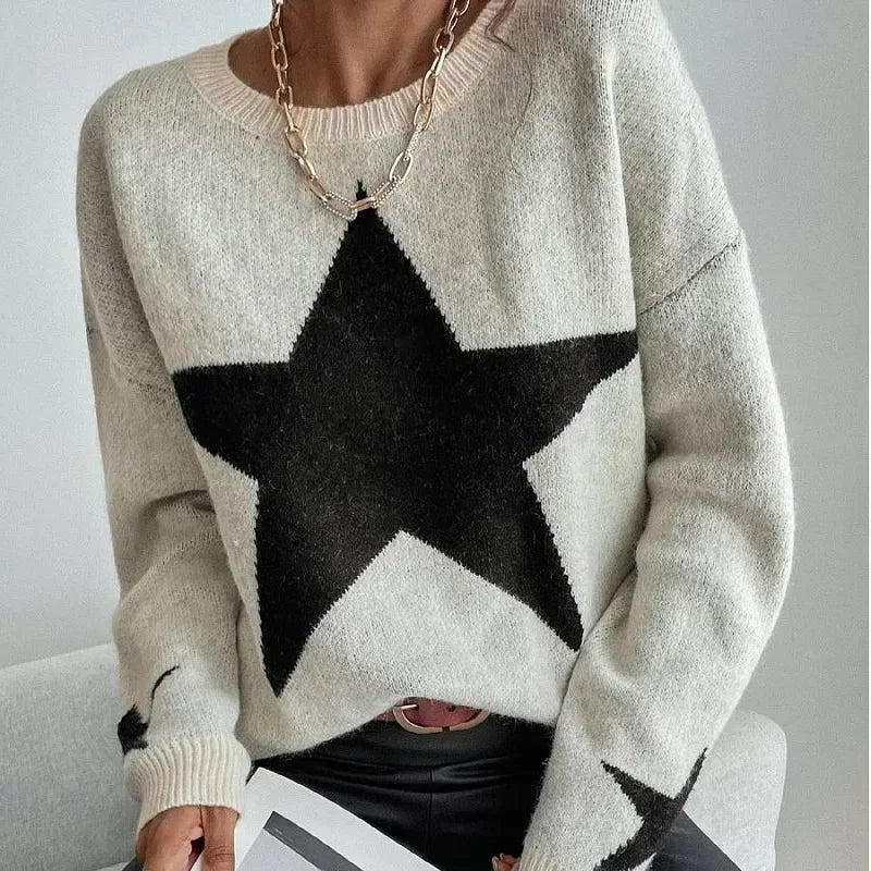 Stern Pullover Pullover Frauen Herbst Frühling Einfache Strick Elastische Pullover Jumper Casual Dicke Warme Schwarz Weiß Grundlegendes Jumper.