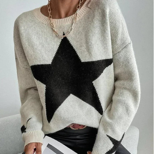 Stern Pullover Pullover Frauen Herbst Frühling Einfache Strick Elastische Pullover Jumper Casual Dicke Warme Schwarz Weiß Grundlegendes Jumper.