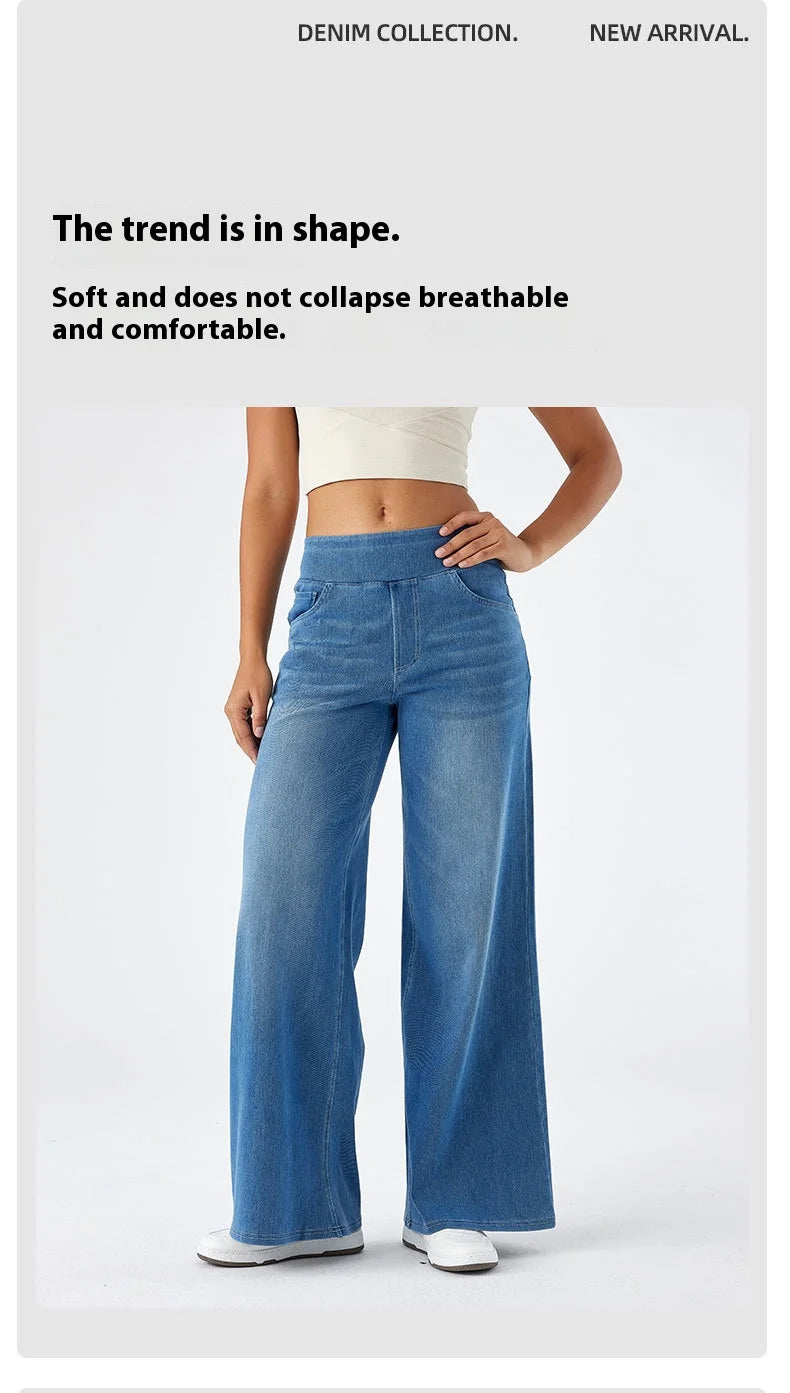 Women's New Large Size Denim Wide-Legged Trousers American High-Waisted Thin Straight Loose Casual Trousers Casual Jeans.