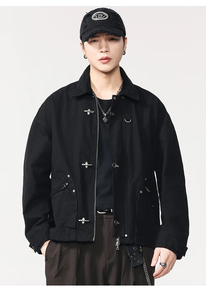 Men Washed Cotton Metal Buckle Streetwear Vintage Loose Casual Short Bomber Cargo Jacket Couple Spring Autumn Coat Outerwear.
