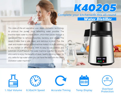 750W 4L Water Distiller Household Distilled Pure Water Machine Distillation Purifier Filter Stainless Steel Water Filter.