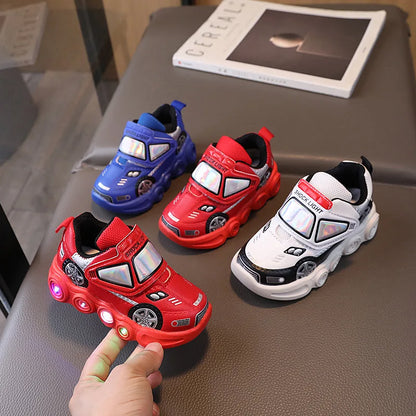 Diseny Kids'Casual Shoes Led Light Car Club Cartoon PU Leather Spring Shoes For Children Anti-slip Red Blue Shoes Size 21-30.