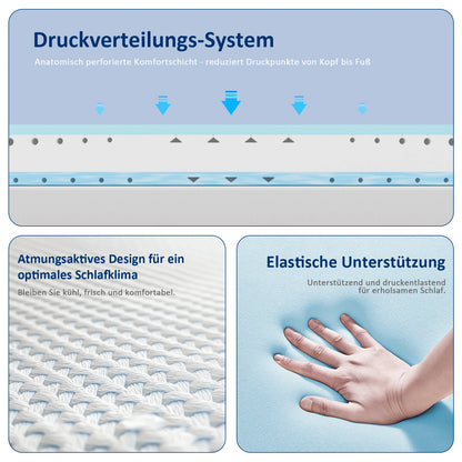 Komfortschaummatratze 90×200×18 cm, wendbar, Memory-Schaum, kühlender Bezug, Härte H3/H4, 18 cm hoch, 7-Zonen Unterstützung
