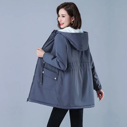 Fleece-gefütterte Kapuze, Daunenjacke, Wintermantel für Damen, warme, mit Kordelzug gepolsterte Parkas, mittellanger Mantel, Streetwear, gepolsterte Kleidung.