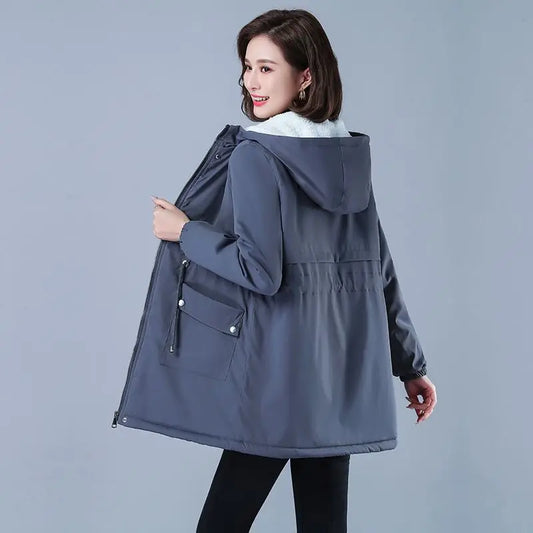 Fleece-gefütterte Kapuze, Daunenjacke, Wintermantel für Damen, warme, mit Kordelzug gepolsterte Parkas, mittellanger Mantel, Streetwear, gepolsterte Kleidung.