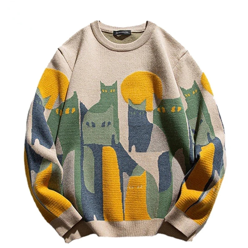 2023 Autumn Knitted Sweater Men Women Winter Harajuku Cartoon Full Cat Print Pullover Vintage Causal Loose Sweaters Streetwear.