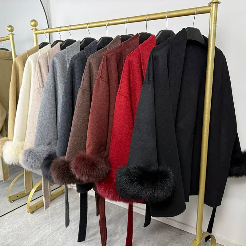 Tornova 2025, neuer Fuchspelz-Wollmantel für Damen, kurzer Mantel, Bürodame, abnehmbar, elegant, doppelseitiger Wollmantel, Strickjacke.