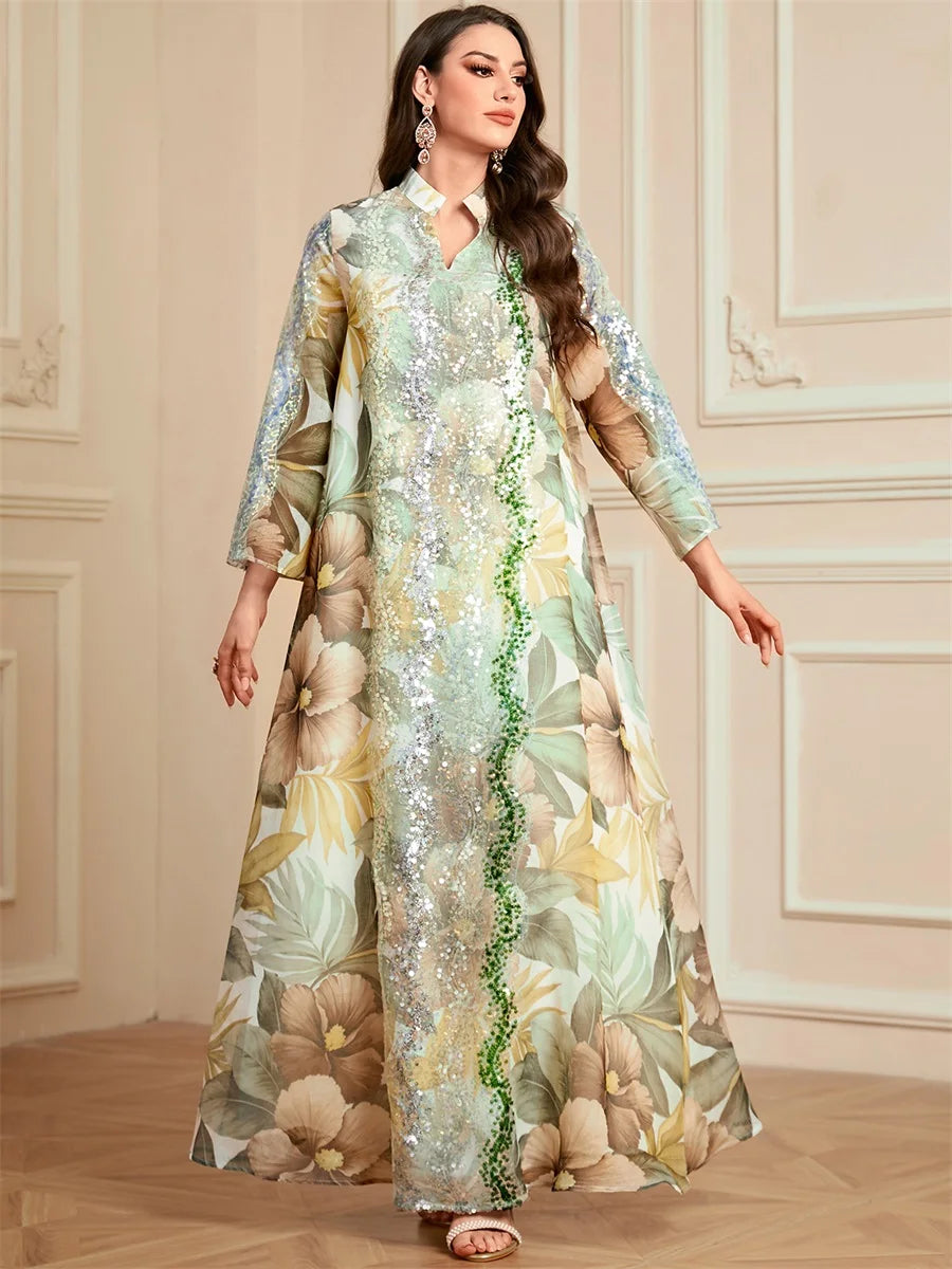 Siskakia Ramadan Dubai Floral Print Long Dress Sequins Patchwork Abayas Mesh Kebaya For Muslim Women's Casual Loose Clothing.