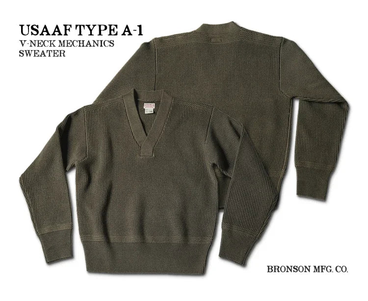 Bronson WWII USAAF Type A-1 Mechanic Sweater Men Heavyweight V-Neck Knit Jumper