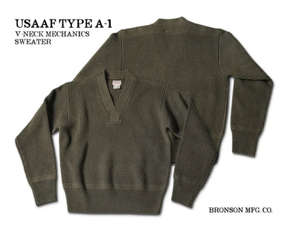 Bronson WWII USAAF Type A-1 Mechanic Sweater Men Heavyweight V-Neck Knit Jumper