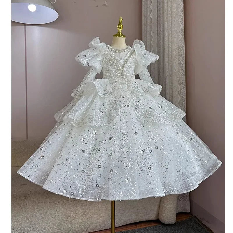 2025, Kinderkleid, Performance-Outfit, Mädchen, Blumenmädchen, Geburtstag, Prinzessinnenkleider, glitzernde Pailletten, bauschiges Kleid, rote Partykleidung für Kinder.