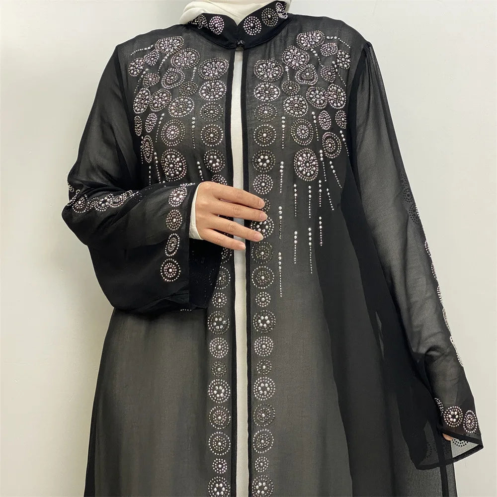 Luxury Diamonds Kimono Open Abayas for Women Muslim Dress Morocco Kaftan Dubai Turkey Party Gown Kebaya Islam Jalabiya Ramadan.