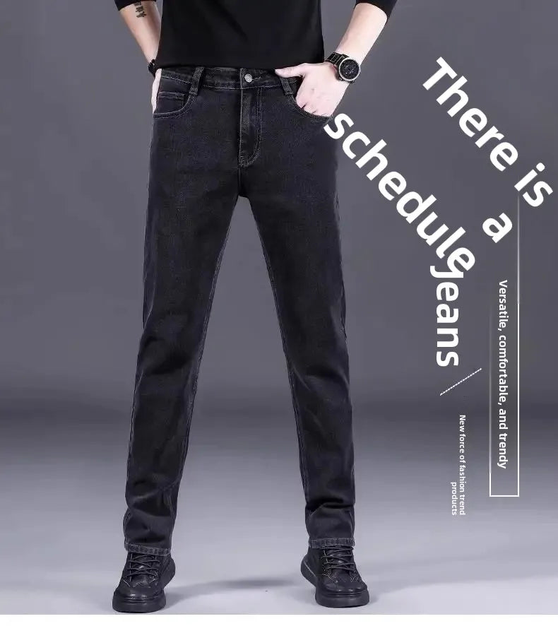 High-End Men's Fleece-Lined Thick Stretchy Straight Leg Jeans 2025 New Style Loose Fit Smoke Grey Trousers for Men.