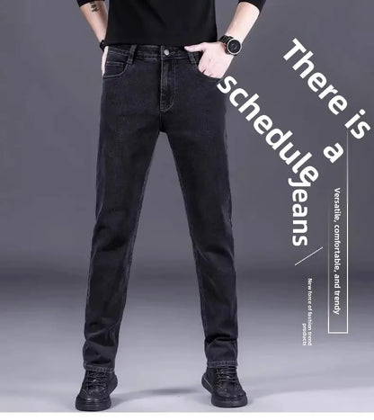 High-End Men's Fleece-Lined Thick Stretchy Straight Leg Jeans 2025 New Style Loose Fit Smoke Grey Trousers for Men.