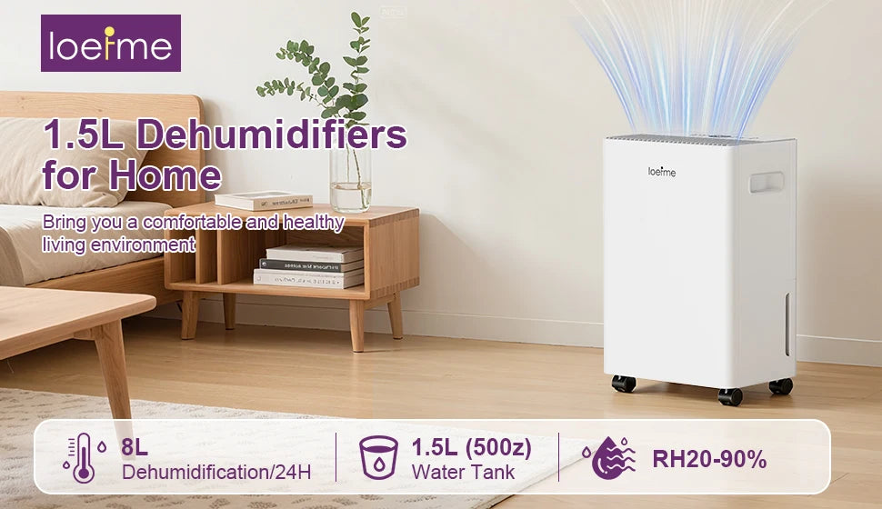 LOEFME Electric Dehumidifier 8 L/Day 40 dB Quiet for 30 m² Room with 1.5L Tank and LED Display 3 Mode Portable Room Dehumidifier.