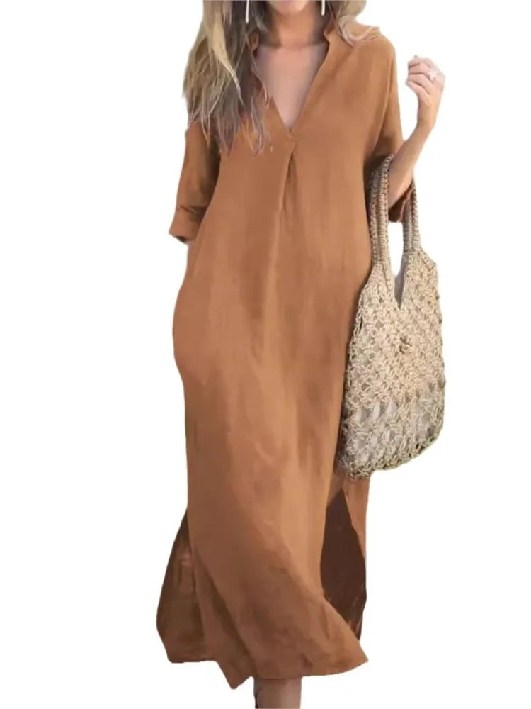 Sommer Für Frauen Langes Kleid Schwarz Weiß V-ausschnitt Side Split Lose Elegante Kleider 2024 Weibliche Herbst Mode Lässig Dame Kleid.