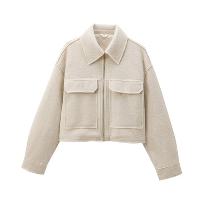 TRZA-Kurzjacke mit Taschen für Damen, Langarmmantel, Reißverschluss vorne, Damenoberbekleidung, schicke Oberteile, Mode.