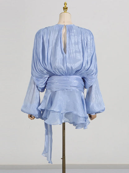 GALCAUR Solide Lose Splicd Lace Up Kleider Für Frauen V-ausschnitt Mit Langen Ärmeln Patchwork Rüschen Tunika Kleider Weibliche Mode Neue.