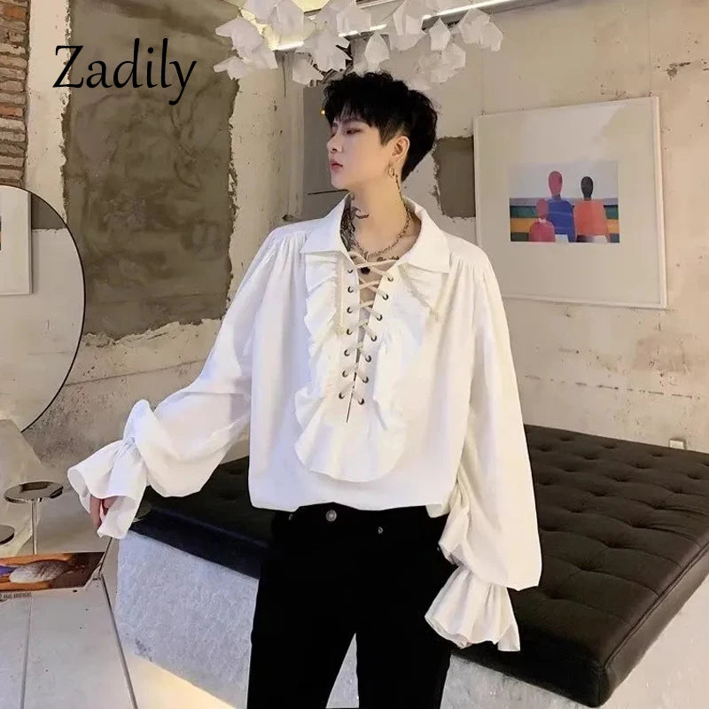 Pirate Shirt for Men Vintage Gothic Renaissance Style Frilled Lace-Up Medieval Buccaneer Blouse Top for All Seasons.