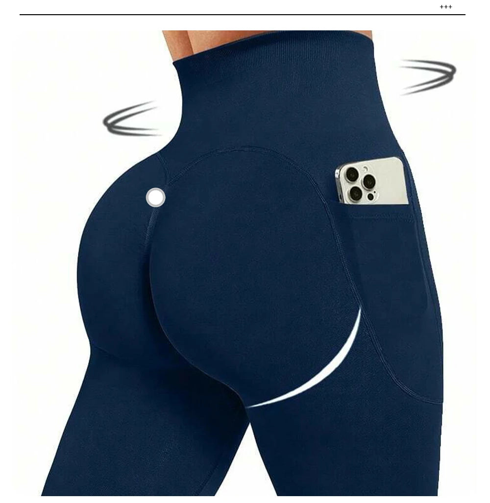 High Waisted Seamless Yoga Pants Butt Lifting Booty Sculpting Gym Leggings with Side Pockets Sexy Workout Tights for Women.