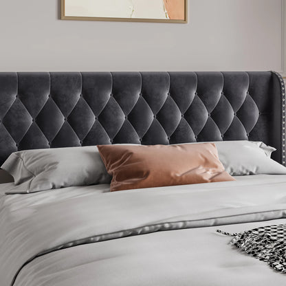 Rosahqnda Polsterbett 180 x 200 cm, hydraulisches Bett mit Aufbewahrungsfunktion, eleganter Bettrahmen im europäischen Stil, Erwachsene, Grau, Samt