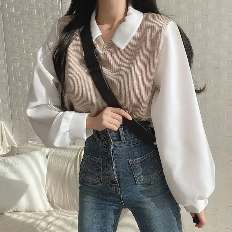 Summer Blouse Women Korean Style False Two-piece Polo Collar Blouses Y2k Tops Streetwear Loose Youth Pullovers Elegant Shirt.
